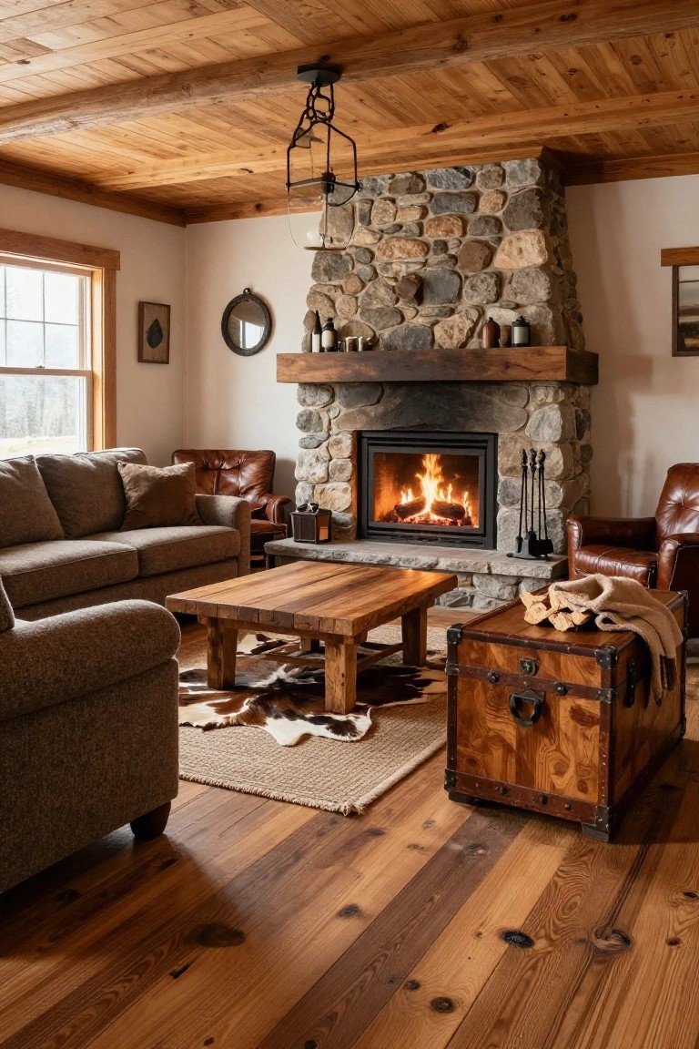 Cozy living room featuring wooden beamed ceiling, stone fireplace with fire burning, brown leather chairs and sofa, wooden coffee table, trunk, and wide-plank knotty hardwood floors.