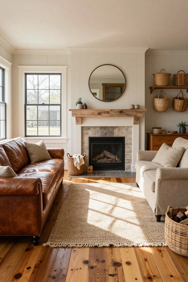 Living room with brown leather sofa, cream upholstered sofa, wood-burning fireplace, round mirror on white shiplap wall, wicker baskets, seagrass rug, and wide-plank knotted pine hardwood floors.