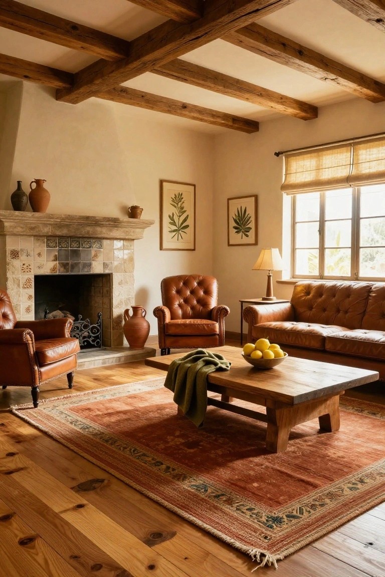 Living room interior with wide-plank knotty hardwood floors partially covered by a large red and blue oriental rug, brown leather armchairs and sofa, low wooden coffee table holding lemons and a throw blanket, stone fireplace with tiled surround, exposed wooden beam ceiling, potted ceramics, and window with bamboo shade.