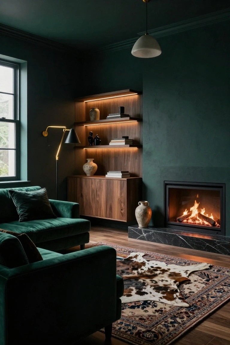 Living room with dark green walls, backlit walnut shelving unit displaying books and vases, emerald green velvet sofas, marble fireplace with burning logs, brass arc floor lamp, credenza, and patterned rug on wood floor.