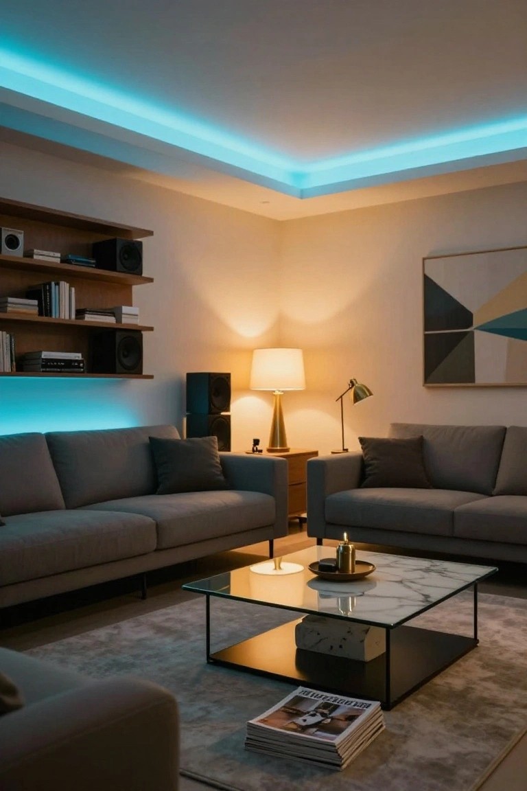 Modern living room with two gray sofas around a glass and marble coffee table, wooden wall shelves holding books and speakers, brass lamps on a wooden side table, and blue LED strip lights glowing along the ceiling edges and lower walls.