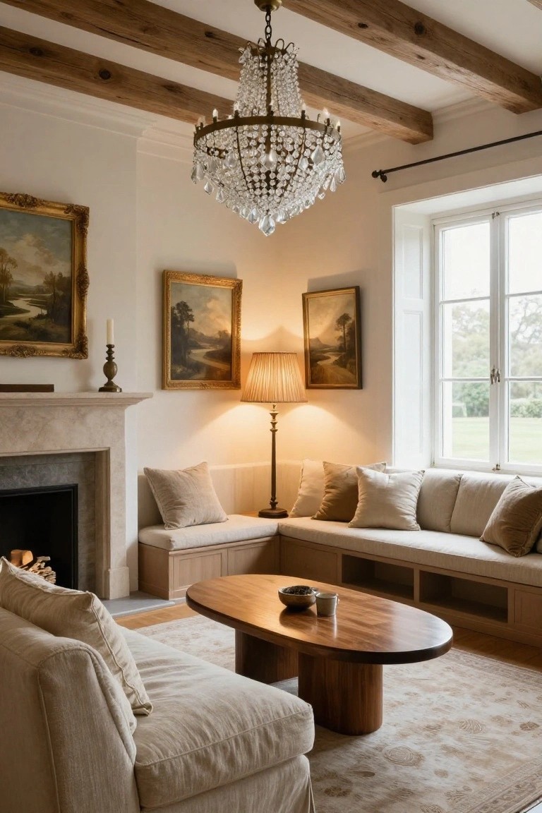 Living room interior featuring a crystal chandelier suspended from exposed wooden ceiling beams above beige sofas, a wooden coffee table, table lamp beside a stone fireplace, and paintings on white walls with large windows showing greenery outside.