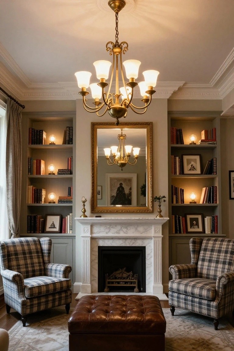 A traditional living room with a large brass chandelier centered above two plaid armchairs and a leather ottoman in front of a marble fireplace, flanked by tall bookshelves with lit lamps and a gold-framed mirror.
