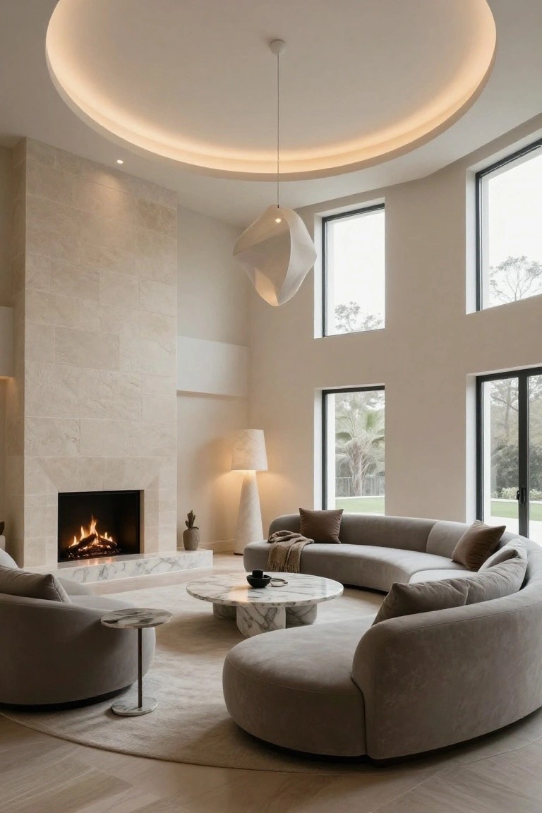 Curved high ceiling with recessed cove lighting, large white sculptural pendant light, beige stone fireplace with fire burning, curved gray sectional sofa, round marble coffee table, floor lamp, and large windows showing outdoor trees and lawn in a modern living room.