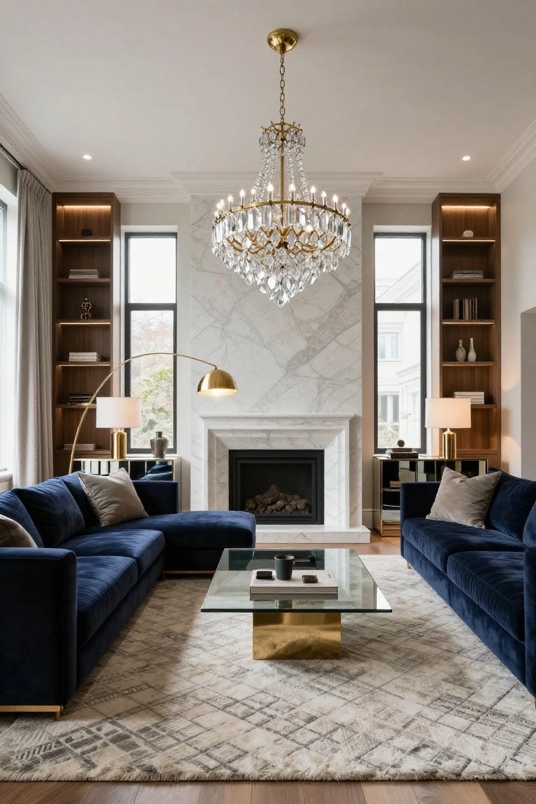 A modern luxury living room featuring navy velvet L-shaped sofas around a gold-framed glass coffee table on a patterned rug, a marble fireplace, wooden bookshelves, large windows with gray drapes, and a large crystal chandelier centered above.