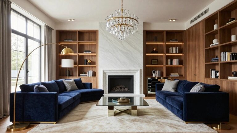 A modern luxury living room featuring navy velvet L-shaped sofas around a gold-framed glass coffee table on a patterned rug, a marble fireplace, wooden bookshelves, large windows with gray drapes, and a large crystal chandelier centered above.