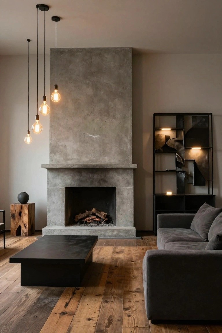 Modern living room with tall concrete fireplace wall and burning fire, row of black pendant lights with exposed lit bulbs hanging from ceiling, gray sofa, black coffee table, wood stool, and hardwood floors.