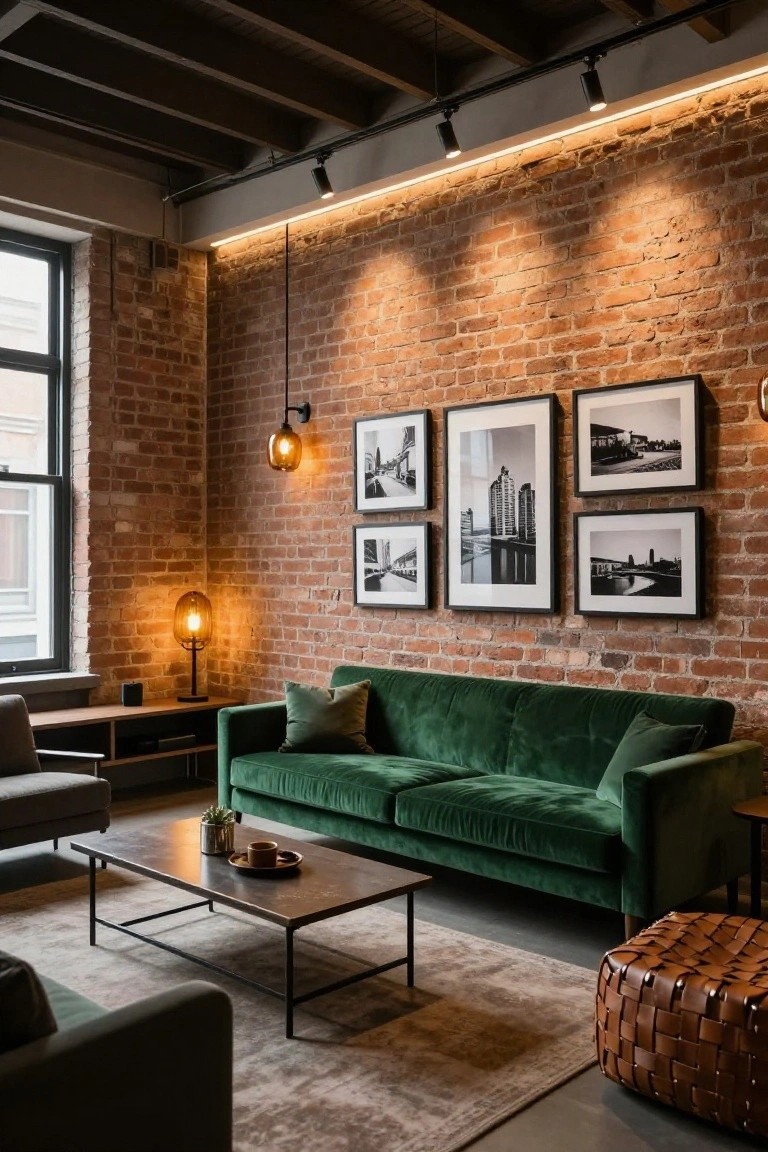 Modern living room with exposed brick walls lit by warm horizontal LED strip at wall top, ceiling track lights, pendant lamps, table lamp, green velvet sofa, metal coffee table, and leather pouf on concrete floor.