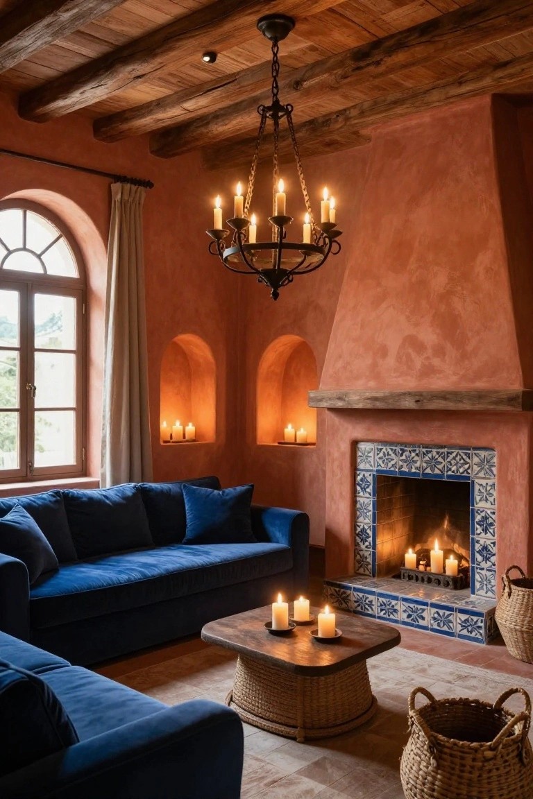 A living room with terracotta walls, exposed wooden beams, arched window with curtains, navy velvet L-shaped sofa, wicker stool coffee table with candles, blue-tiled fireplace with candles, wall niches holding candles, chandelier with candles, and wicker baskets on terracotta tile floor.