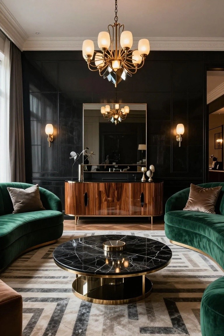 Luxury living room featuring curved green velvet sofas around a black marble coffee table on a patterned rug, wooden credenza with decor, brass chandelier overhead, matching wall sconces, and tall mirror against dark paneled walls with windows and drapes.