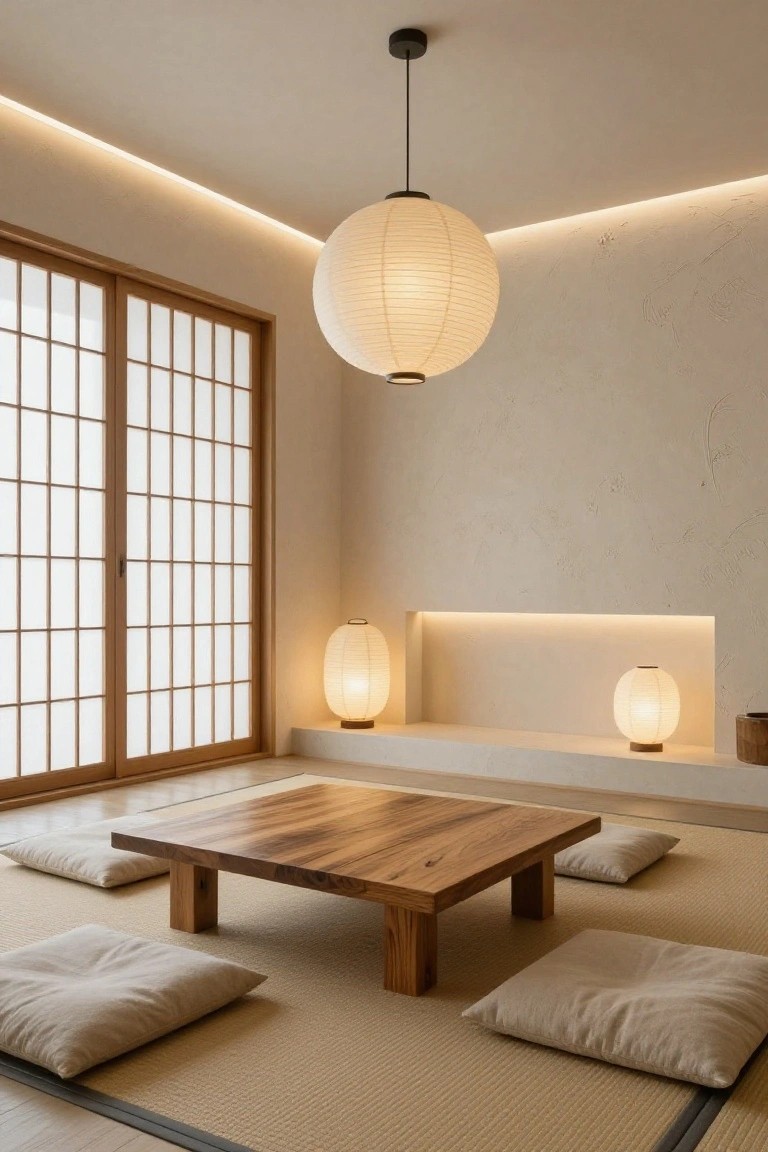 A minimalist indoor room with tatami flooring, low wooden table, beige cushions, shoji sliding doors, beige textured walls, and soft lighting from a large hanging paper lantern, two smaller floor paper lanterns, and LED strips.