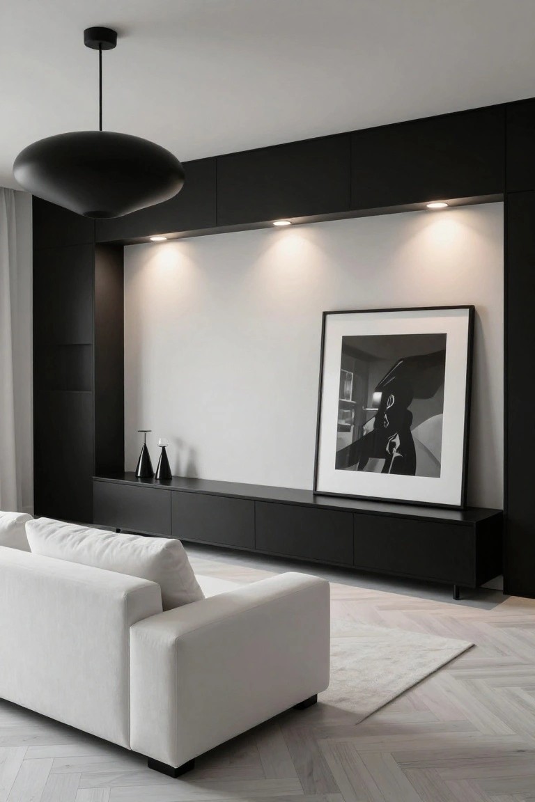 Modern living room featuring black paneled wall with recessed spotlights illuminating a large framed black-and-white photograph above a low black media console, white sofa, black pendant light, and light herringbone floor.