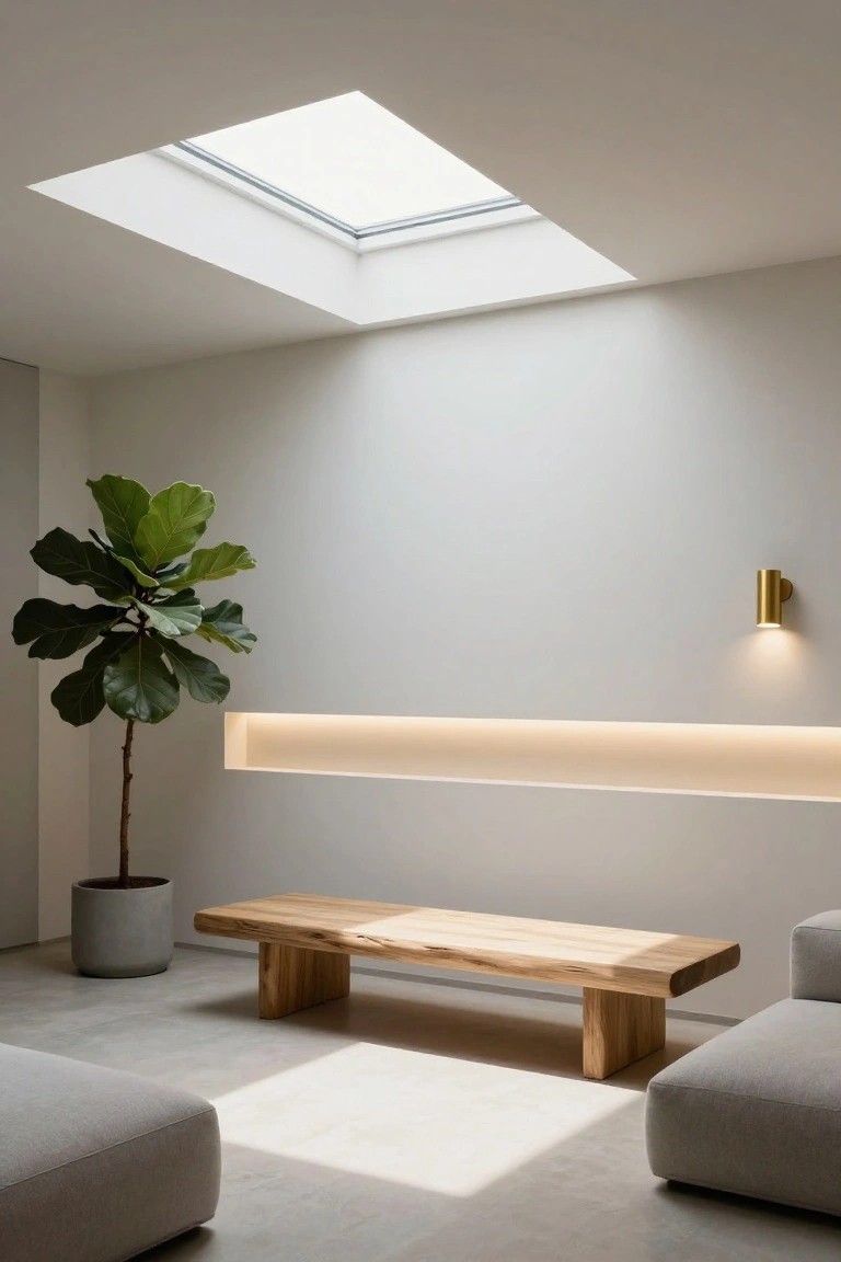 Minimalist living room with central skylight, large potted fiddle leaf fig plant next to beige walls with integrated linear LED lighting strip, low wooden bench, two gray floor poufs, and brass cylinder wall sconce.