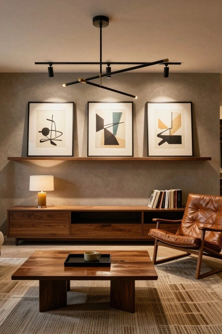 Modern living room with black overhead track lighting fixture featuring spotlights illuminating three framed abstract black-and-white artworks on a gray textured wall, wooden media console, leather armchair, coffee table, and beige rug.