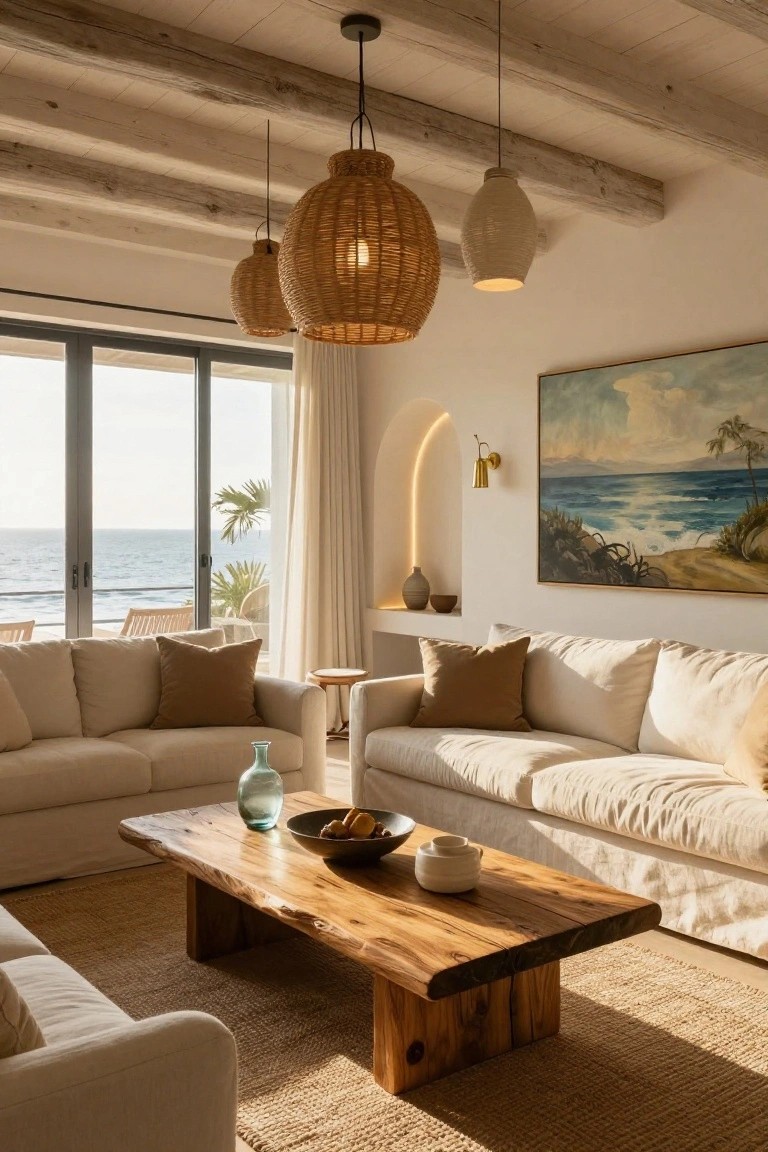 Sunlit living room with two cream sofas around a rough-edged wooden coffee table, three woven and ceramic pendant lights hanging from beamed ceiling, large glass doors to ocean-view terrace, and arched wall niche.