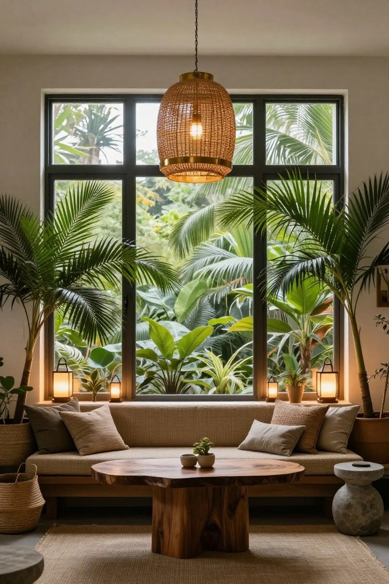 Living room with beige low sofa, round wooden coffee table, potted palms on either side of large dark-framed windows showing tropical greenery outside, woven rattan pendant light centered above table, and small lanterns on plant stands.