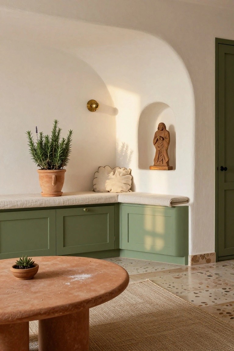 White-walled interior corner with arched niche holding wooden statue, built-in green cabinet bench with linen cushion, terracotta round table with small succulent pot, rosemary plant in terracotta pot, and woven rug on tile floor.