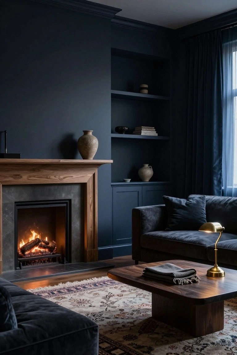 Small living room with navy blue walls, lit corner fireplace in wood and stone, navy velvet sofa facing it, low wooden coffee table on patterned rug, and built-in shelves with ceramics.
