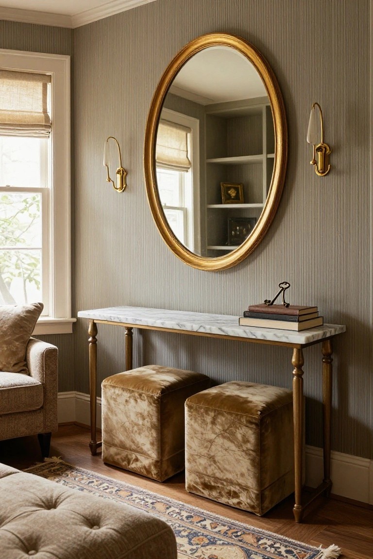 Small interior room with gray striped walls, large gold-framed oval mirror centered above a marble-topped brass console table holding stacked books and a key sculpture, two cube-shaped beige velvet ottomans in front of the table, a nearby armchair, gold wall sconces, Roman shade on window, and patterned rug on wood floor.