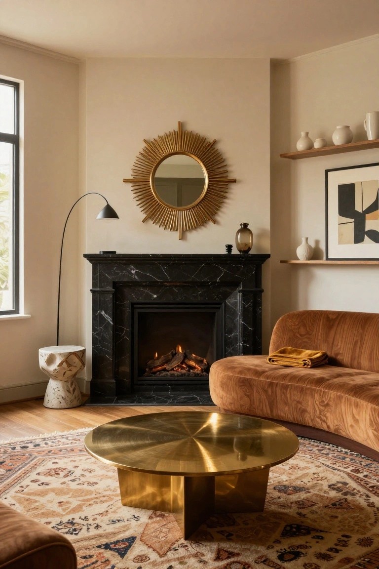 A cozy living room corner with black marble fireplace, curved rust velvet sofa, round brass coffee table on patterned rug, gold sunburst mirror above mantel, floor lamp, side stool, shelves with ceramics, and abstract wall art.