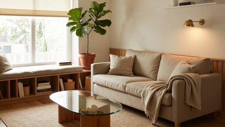 Living room corner with wooden built-in bookshelves framing two large windows, a linen sofa, glass coffee table, tall potted fiddle leaf fig plant, window bench, and assorted books and plants.