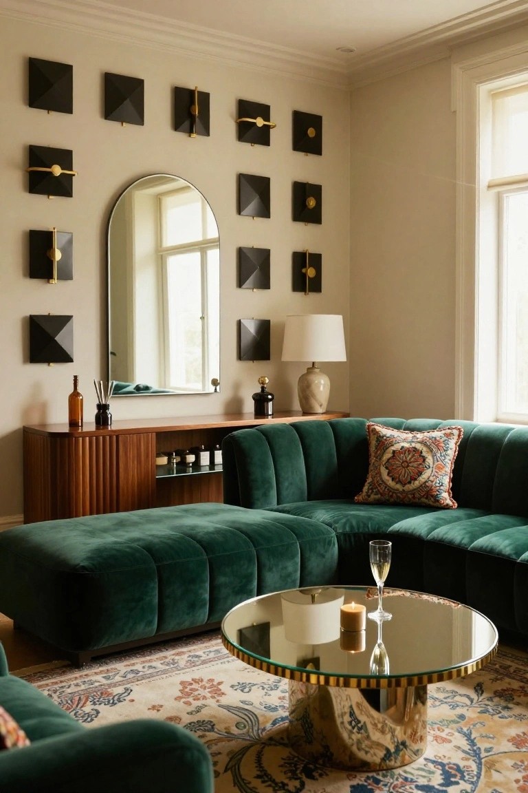 A compact living room with an L-shaped emerald green tufted velvet sectional sofa, matching ottoman, round glass-topped brass coffee table, wood credenza, arched mirror, and black geometric wall-mounted lights on beige walls.