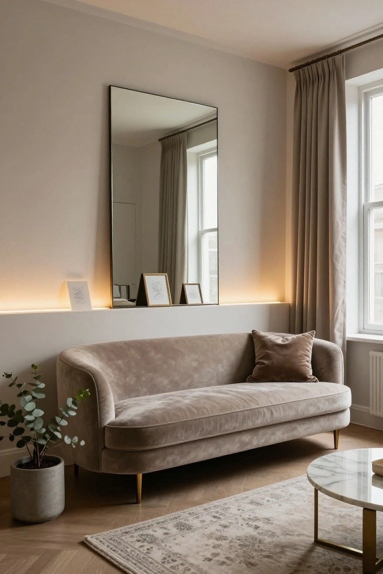 Beige living room with tall slim black-framed mirror above wall shelf with LED lighting and small frames, curved taupe velvet sofa with pillow, potted eucalyptus plant, round white marble coffee table on beige rug, oak floors, beige curtains on window.