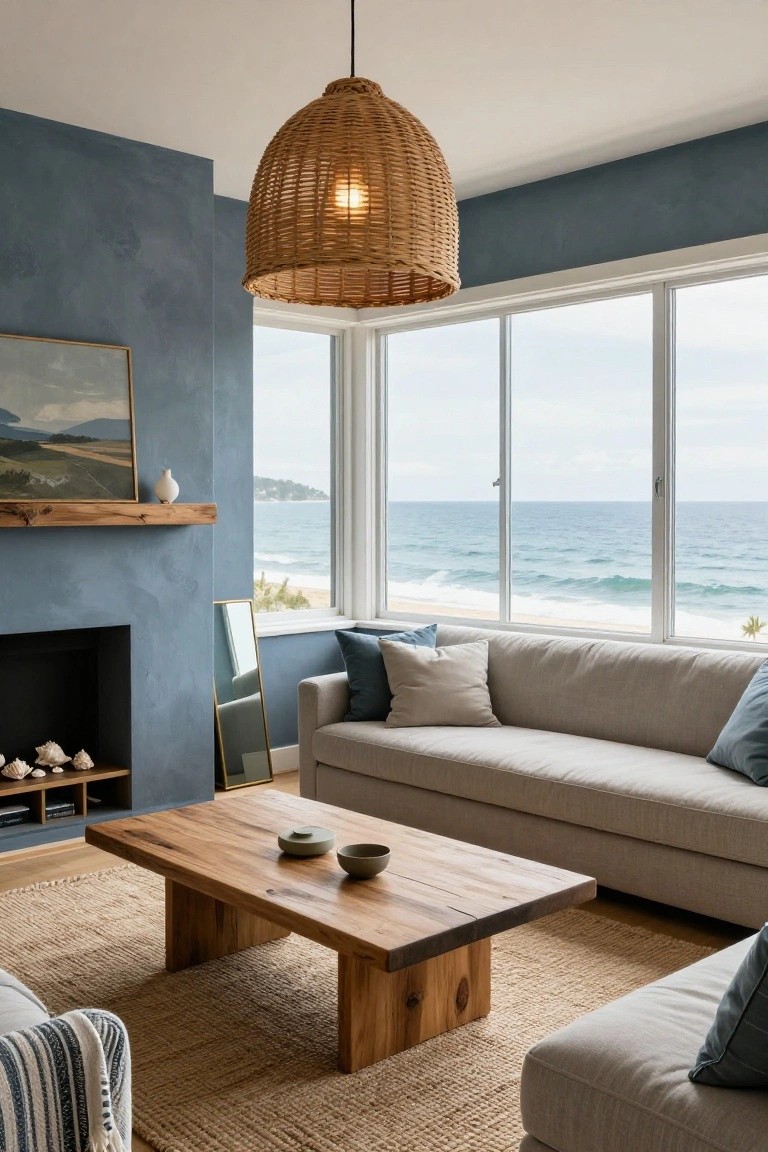 Cozy living room interior with blue textured walls, wooden fireplace mantel, L-shaped beige sofa, low wooden coffee table, rattan pendant light, and large windows showing ocean waves and beach.