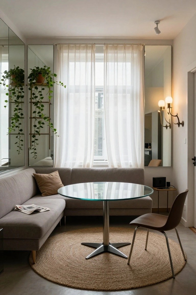 Small modern living room with L-shaped gray sofa, round glass coffee table, brown molded chair, seagrass rug, trailing potted plants on tall mirrored panels, sheer curtains on large windows, and wall sconces.