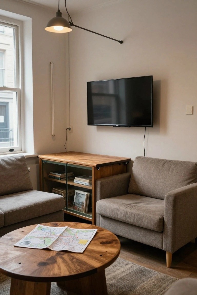 Small living room with round wooden coffee table holding a folded map, flanked by two beige sofas and an armchair, wooden media console with TV mounted above, pendant light, and window with view of buildings.