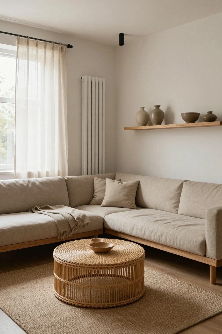 Beige L-shaped linen sofa in a light corner living room with rattan coffee table on beige rug, wooden floating shelves holding ceramic vases and bowls, sheer curtains on window, white radiator, and light wood floor.