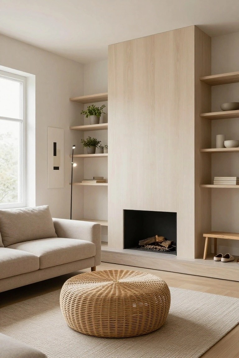 Tall Wood Fireplace Wall with Shelves