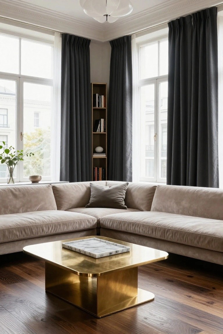 Beige L-shaped velvet sofa in a bright living room corner with large curtained windows, wooden bookshelves, potted plant on windowsill, geometric brass coffee table on oak floors holding a white marble tray.