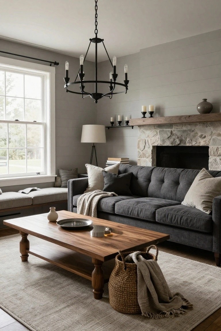 A cozy living room with a gray tufted sofa, wooden coffee table with vase and tray, stone fireplace on shiplap walls, black chandelier, and neutral pillows and throws.