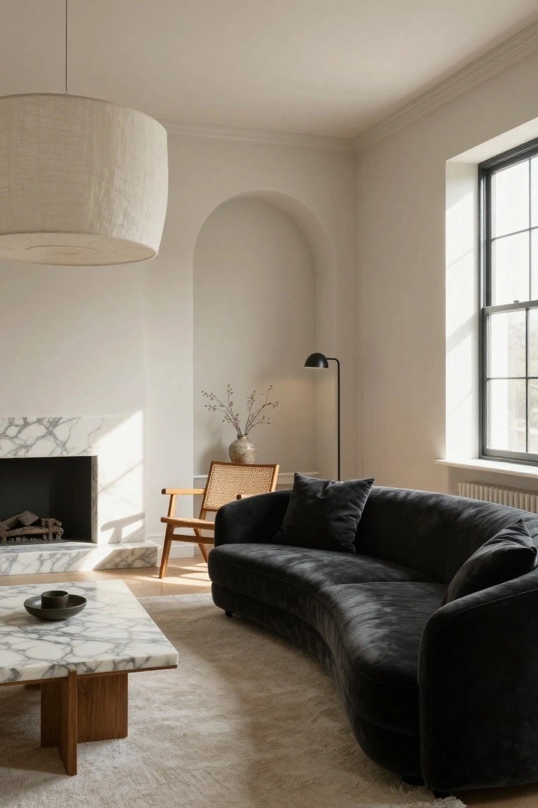 Living room with curved black velvet sofa, white marble coffee table on wood legs, rattan armchair, marble fireplace, black floor lamp, branches in vase, linen pendant light, arched white wall, and black-framed windows.