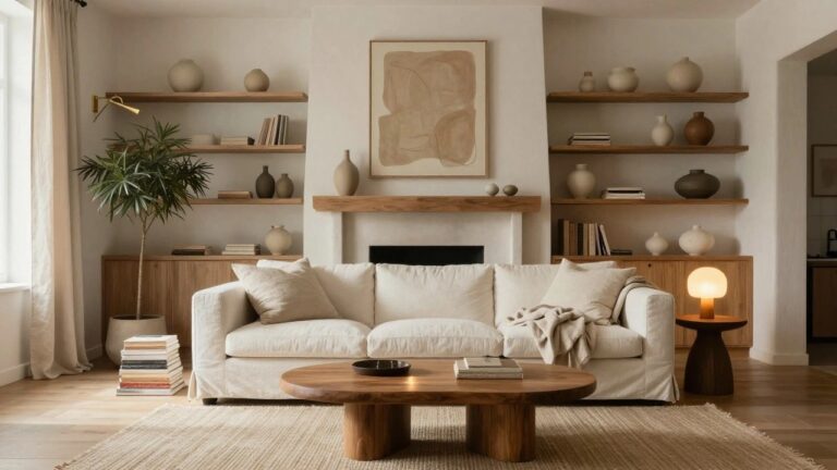 A cozy living room featuring a white linen sofa, wooden coffee table with books and bowl, oak mantel fireplace, floating wood shelves with terracotta pots and plants, large beige abstract wall art, sheer curtains, and neutral rug on hardwood floors.
