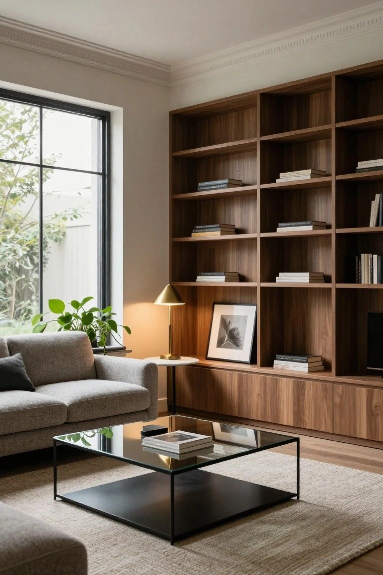 Modern living room with tall walnut built-in bookshelves filled with books, a light gray sofa, glass coffee table on a rug, potted plant, brass lamp, and large window showing trees outside.