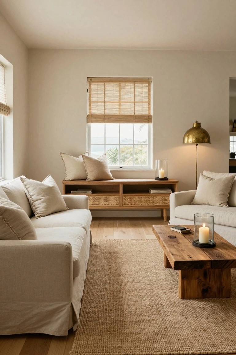 Light beige living room featuring two cream upholstered sofas, a wooden coffee table with candles, rattan media console, bamboo window blinds, and a seagrass rug on hardwood floors.