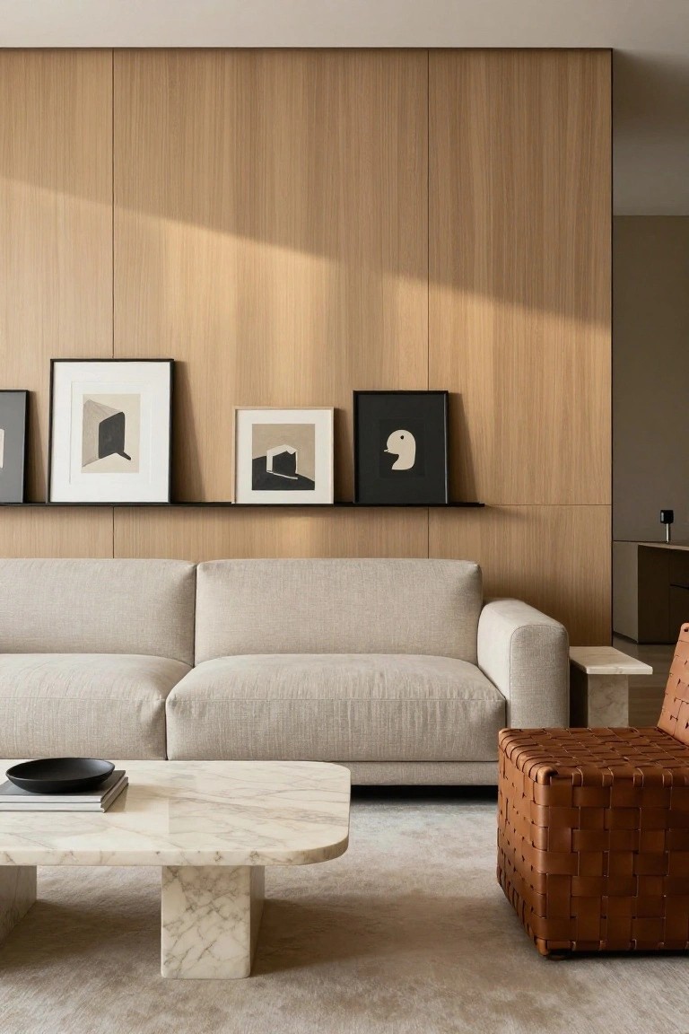 A minimalist living room with vertical light wood slat wall paneling, beige L-shaped sofa, oval white marble coffee table holding books and a bowl, three framed abstract black and white artworks on a black shelf, brown woven leather cube ottoman, side table, and light beige carpet.