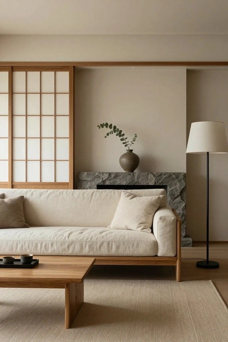 A minimalist beige living room with shoji sliding doors, low linen sofa on wooden frame, low oak coffee table holding teacups, stone fireplace, eucalyptus vase, floor lamp, and seagrass rug.