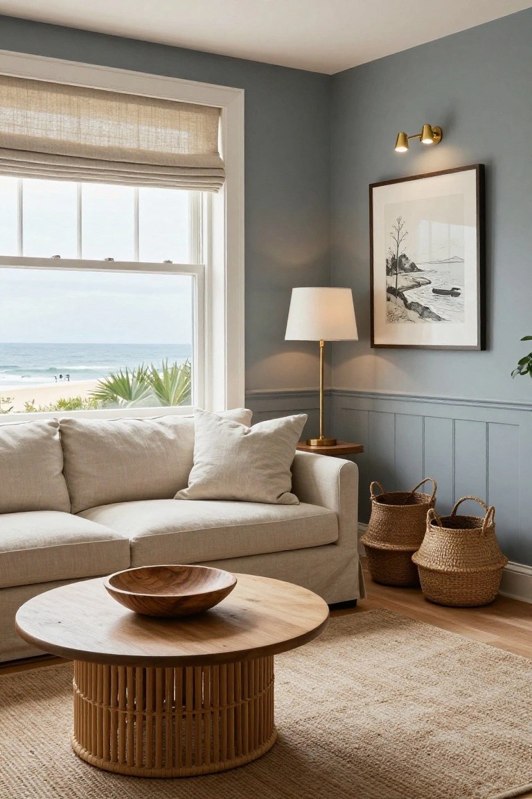 Living room with cream slipcovered sofa, round rattan pedestal coffee table topped with wooden bowl, seagrass rug, two wicker baskets, brass floor lamp, linen roman shade on large window overlooking beach and ocean, soft blue-gray paneled walls.