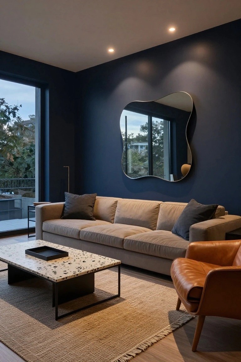 Modern living room with dark navy walls, beige sofa with dark pillows, orange leather armchair, terrazzo-top coffee table on black metal frame, jute rug, asymmetrical mirror, floor lamp, and large window showing trees outside.