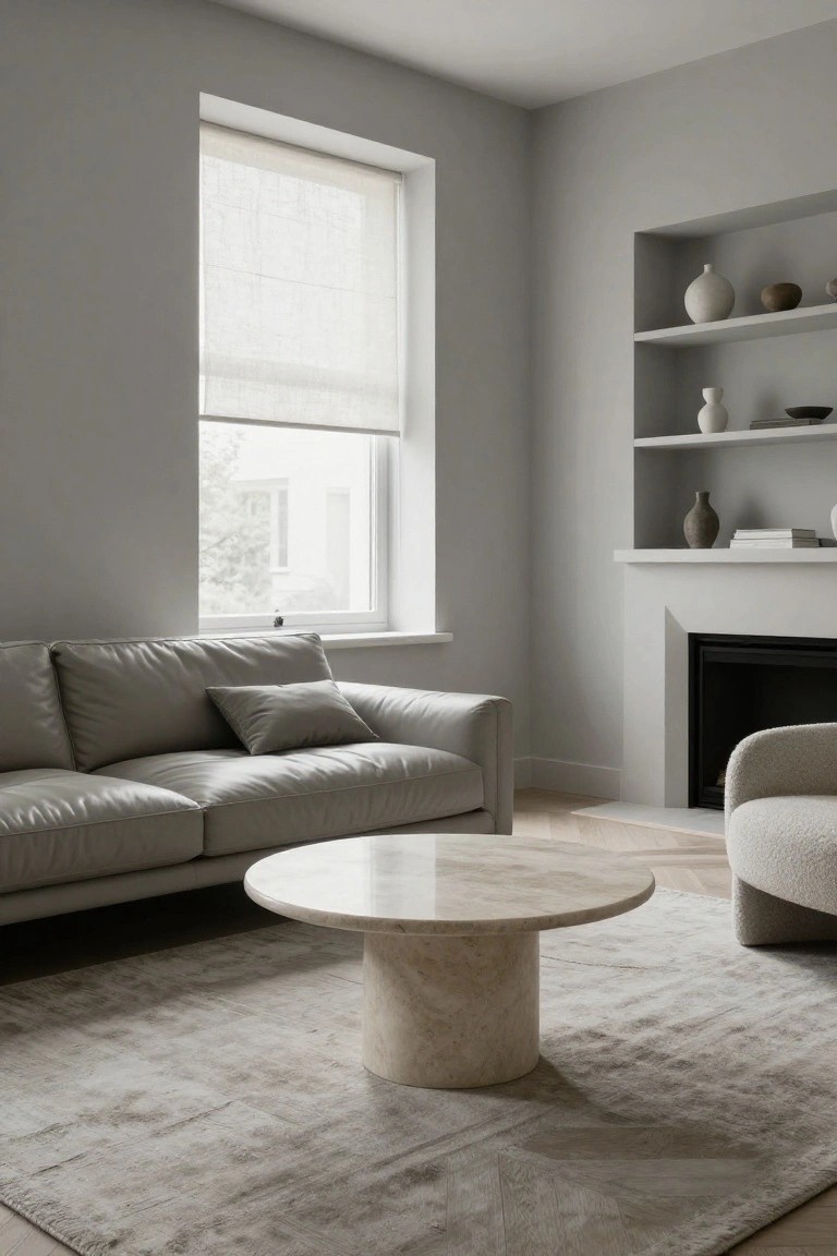 Light gray living room featuring a gray leather L-shaped sofa, round white marble pedestal coffee table, cream boucle armchair, beige rug, built-in shelves with ceramics, sheer-curtained window, and white fireplace.