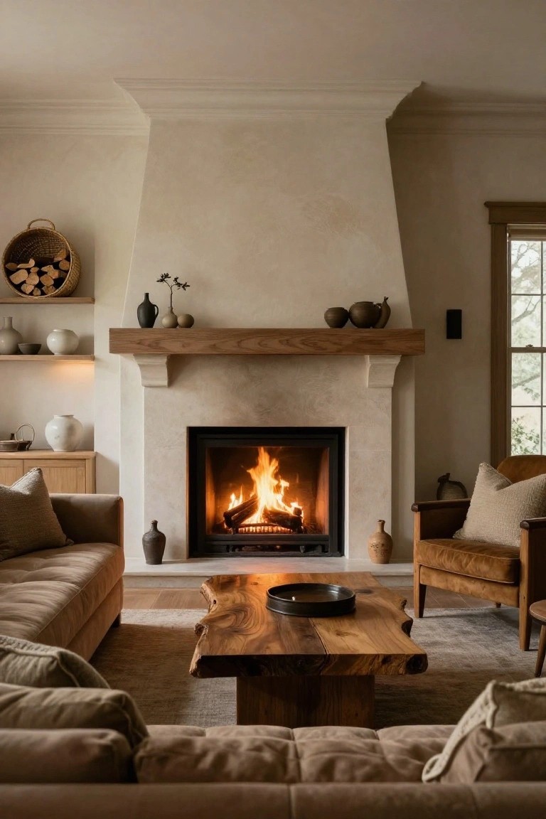 Living room with central fireplace in textured plaster surround and oak wood mantel shelf displaying pottery and branches, beige linen sofas and leather armchair, live-edge wood coffee table, and window with natural light.