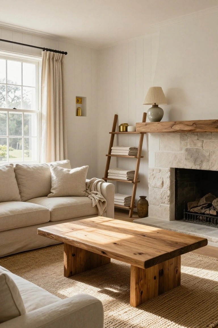 Light living room with beige linen sofa, low live-edge wooden coffee table on seagrass rug, leaning wooden ladder shelf with folded linens, stone fireplace, and window with cream curtains.