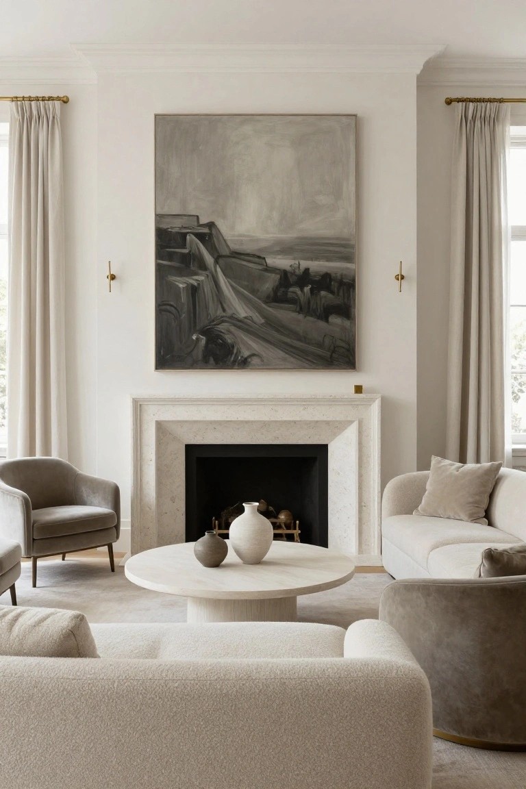 Light neutral living room featuring a cream bouclé L-shaped sofa, two gray upholstered armchairs, round white stone coffee table holding two ceramic vases, marble fireplace with logs and brass tools, large abstract gray painting above mantel, beige curtains on windows, and gold wall sconces.