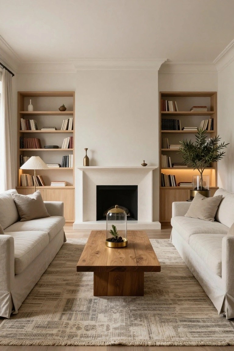 A living room with cream sofas facing a low wooden coffee table on a neutral rug, white fireplace centered between oak bookshelves holding books and plants, and large windows with sheer curtains.