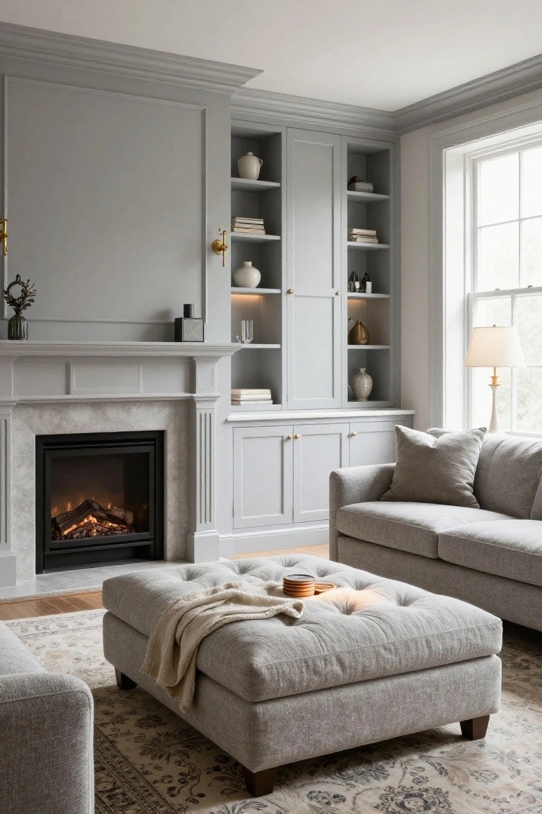 Living room with marble gas fireplace centered under paneled gray built-in cabinets and shelving units, gray sofa and ottoman on patterned rug, large window, and neutral walls.