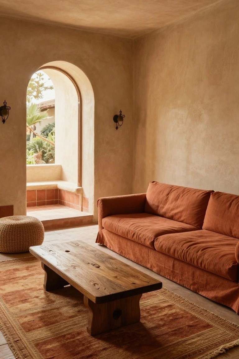 Beige stucco living room with orange linen sofa, low wooden coffee table, terracotta rug, woven pouf, and arched window to outdoor greenery.