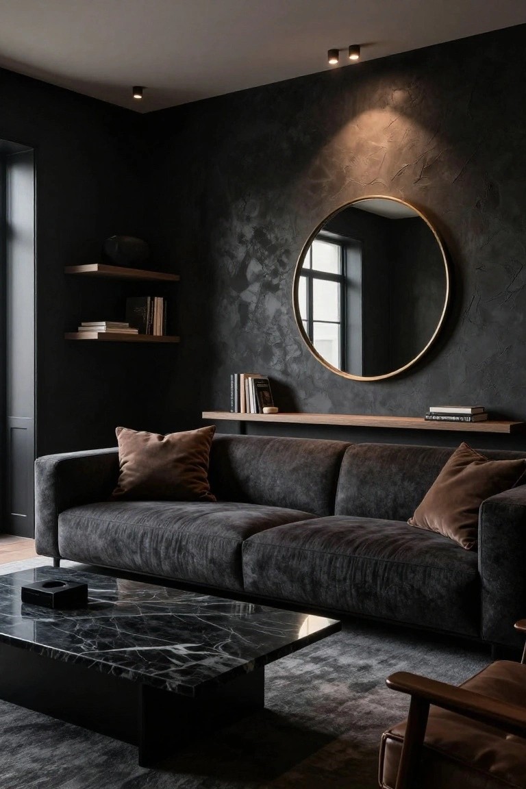 A modern living room with dark textured plaster walls, large round gold-framed mirror, floating wood shelves holding books, charcoal velvet sofa with cushions, black marble coffee table, dark rug, and brown leather armchair.